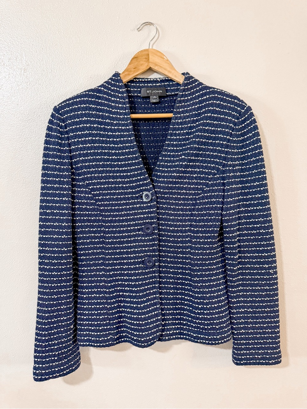 St. John Collection Tweed Knit Blazer Jacket Size 10 Navy Blue Career Formal USA